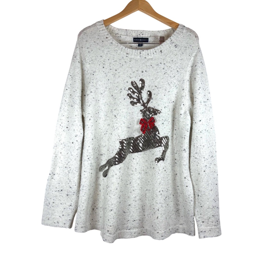 Karen Scott Womens 2X Reindeer Sequin Holiday Sweater Cream Marled Knit Long Slv